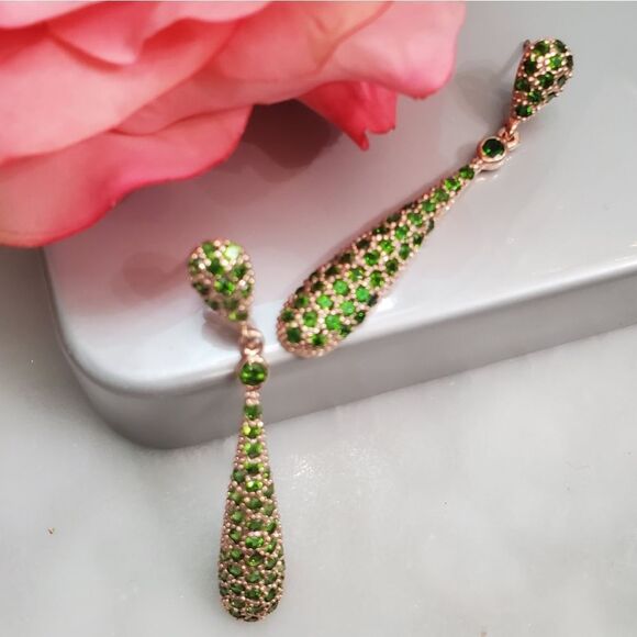 18K Gold Vermeil Russian Chrome Diopiside Pave Drop Earrings - Picture 6 of 10